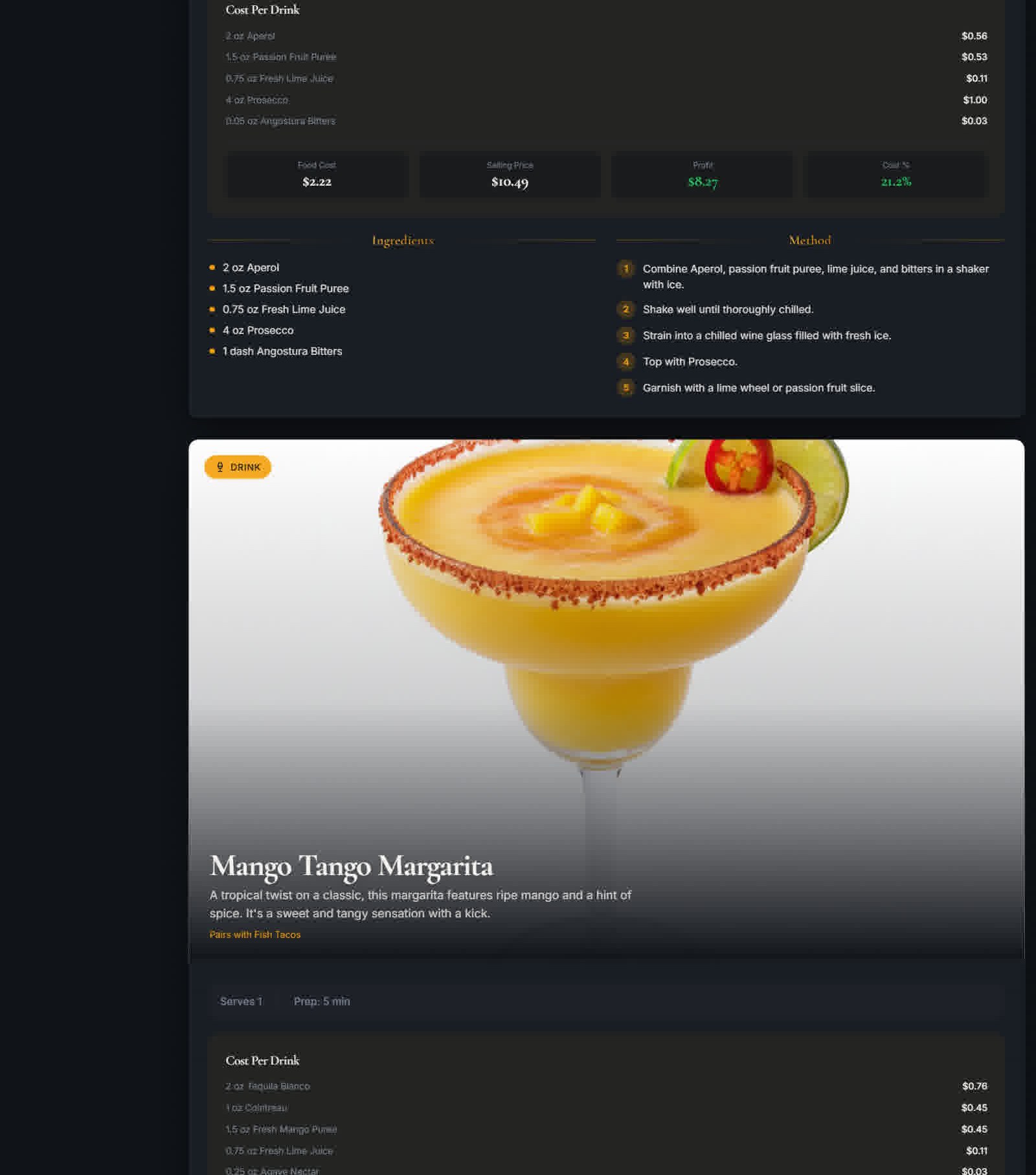 Mango Tango Margarita cocktail card generated by Menu Magic